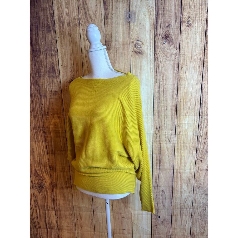 Dolman Sleeved Sweater Boatneck Ribbed Mustard Yellow Stretchy Women's Size S/M